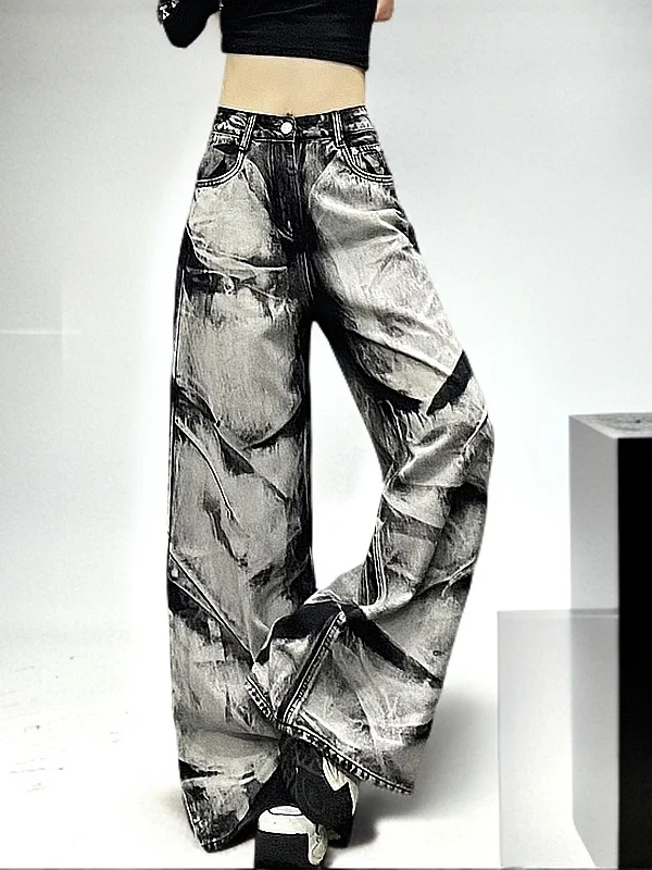 

Retro Waed Tie Dye Women's High Waist Slim Straight Leg Jeans Casual Wide Leg Floor Length Pants Spring 2026 Bla