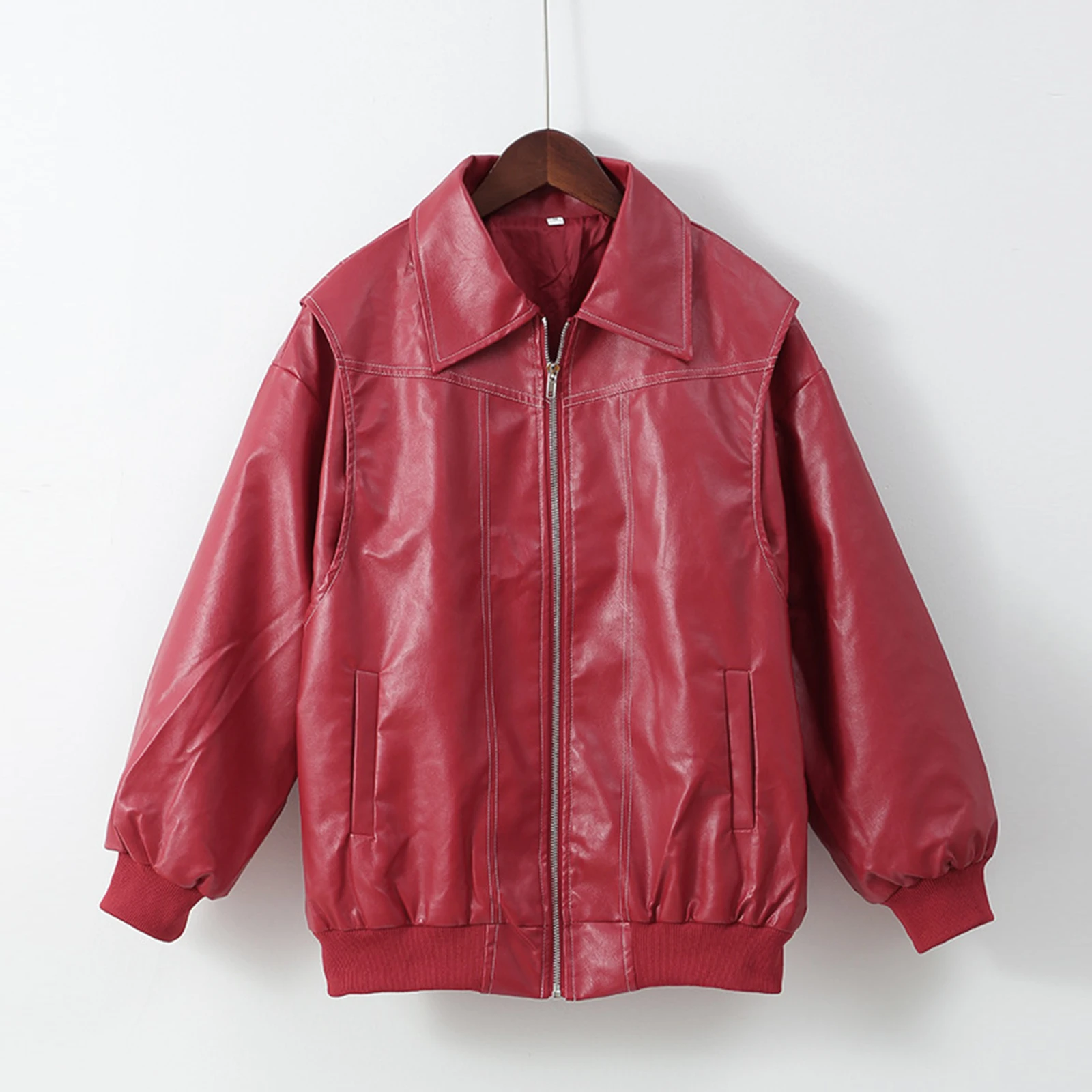 

Ladies' Fashionable Solid Color Lapel Long Sleeved Zipper Pocket Loose Temperament Jacket Leather Jacket Outerwear