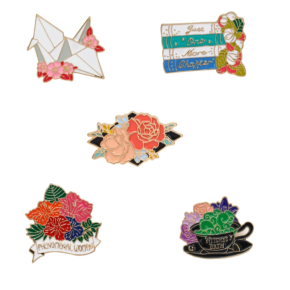 5Pcs Pretty Flower Collection Enamel Pins Set With Letter Phenomenal Woman Witches Brew Just One More Chapter Brooch For Women