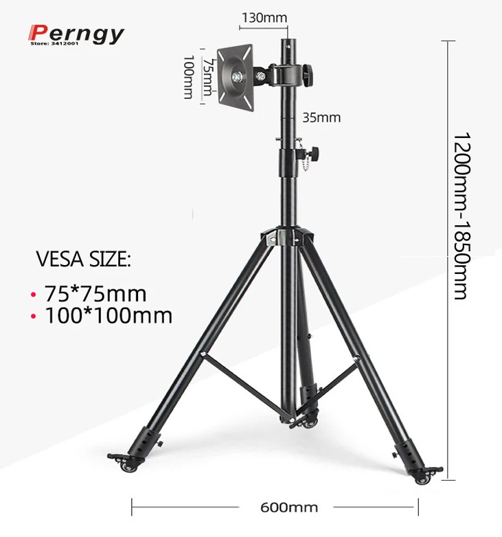 ST100-R 10'-27' TV Tripod Floor Stand Trolley Monitor Holder Height Adjustable 180cm 150cm With Wheel Rotate Tilt Swivel Steel view 3