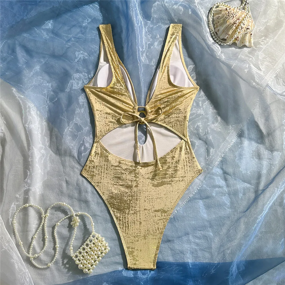 Gold Shiny Backless Swimwears Women Sexy Swimsuit Women One Piece 2026 Hollow Out Monokini Metal Ring High Cut Swim Bathing Suit