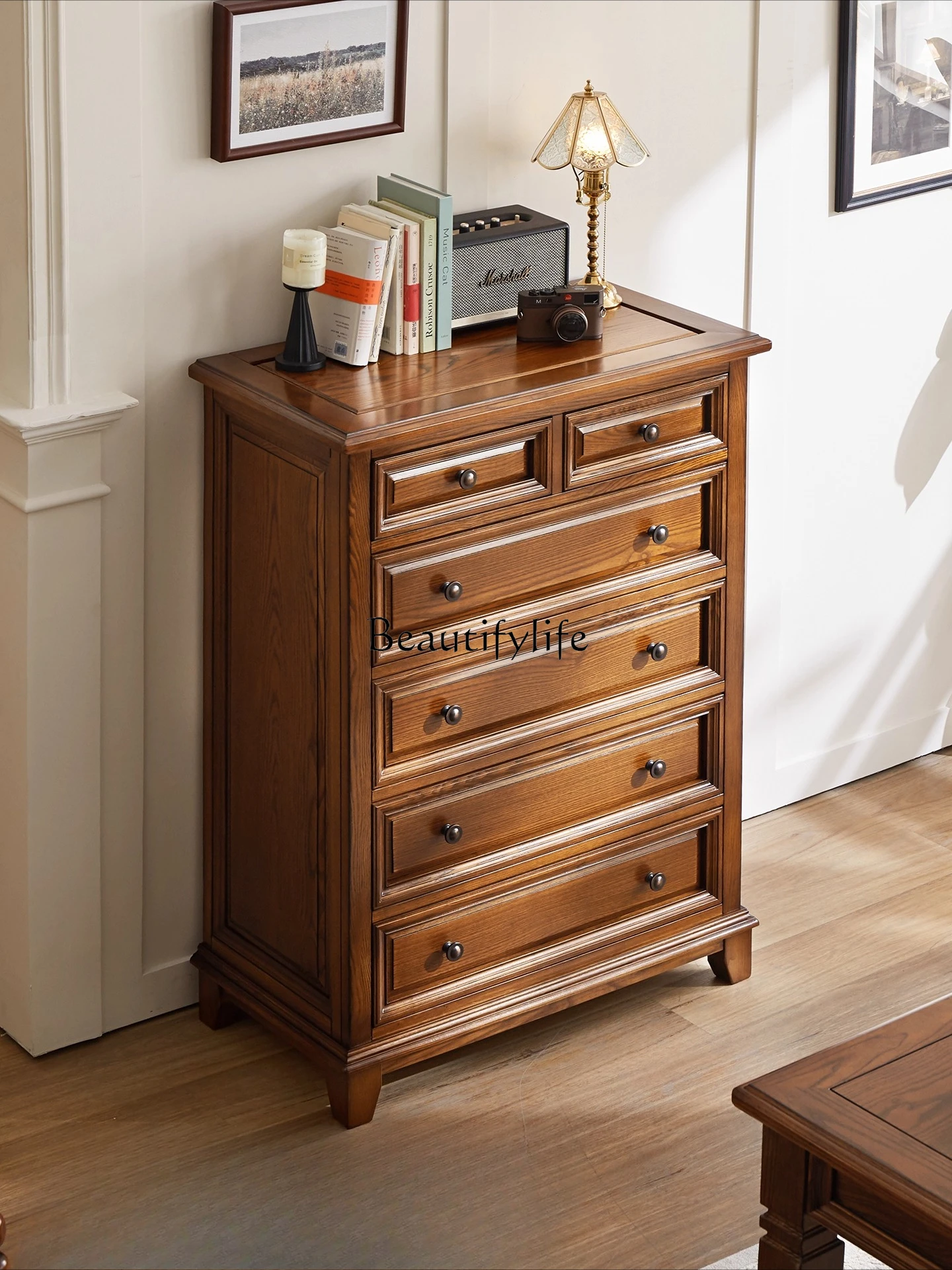

American all solid wood pure log six-chest cabinet retro style living room storage drawer
