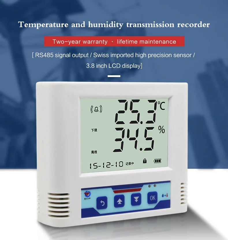 Fonte de bateria Registrador inteligente de dados de temperatura e umidade RS485 Modbus com 65000 leituras