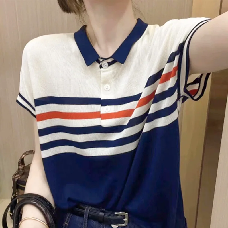 WAKUTA 2024 Spring/Summer Contrast Polo Neck Ice Silk Knitted Shirt Slim Slim Pullover Female Striped Short Sleeved Tube Tanks