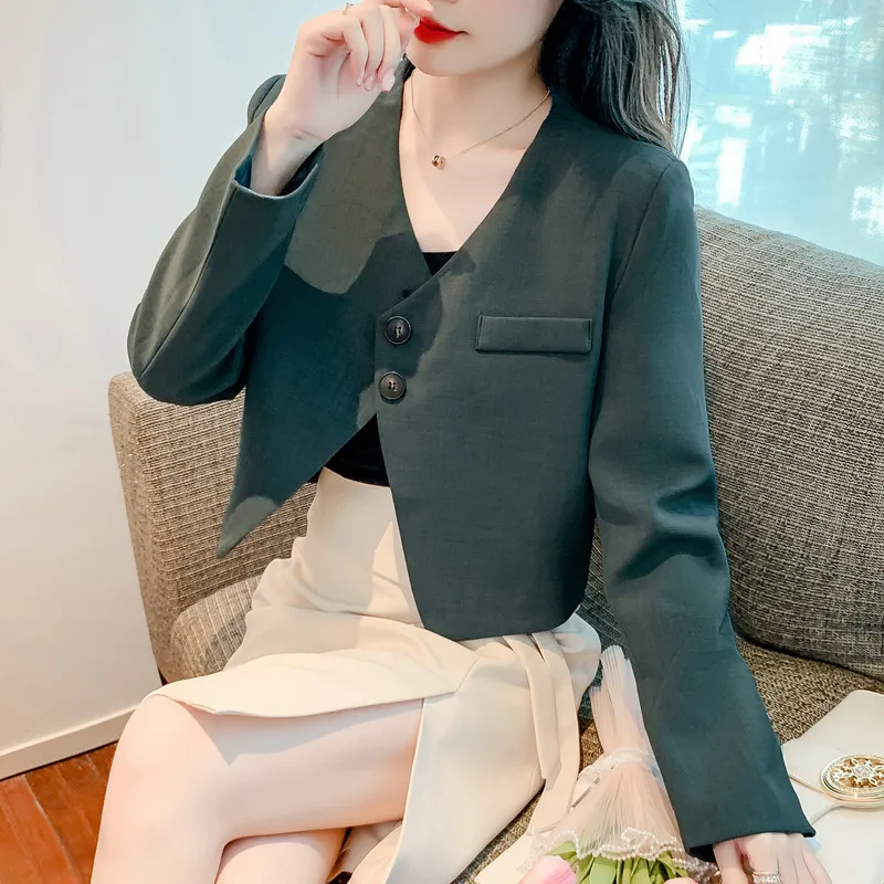 Wanita musim semi dan musim panas Retro kasual lengan pendek Blazer mantel warna Solid Perancis longgar V-neck Single-breasted setelan jaket