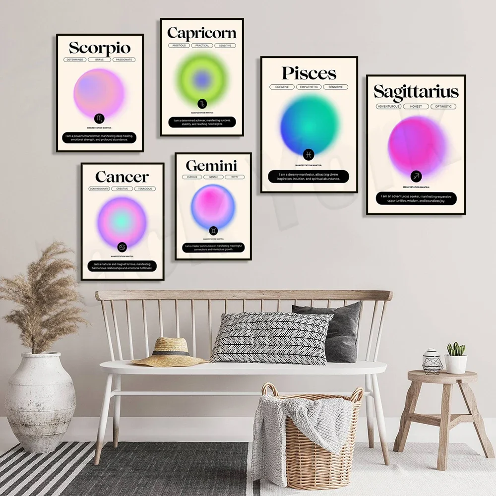 Constellation Wall Art Canvas Painting Astrology Gradient Aura Zodiac Poster Horoscope Pictures for Living Room Home Decoration
