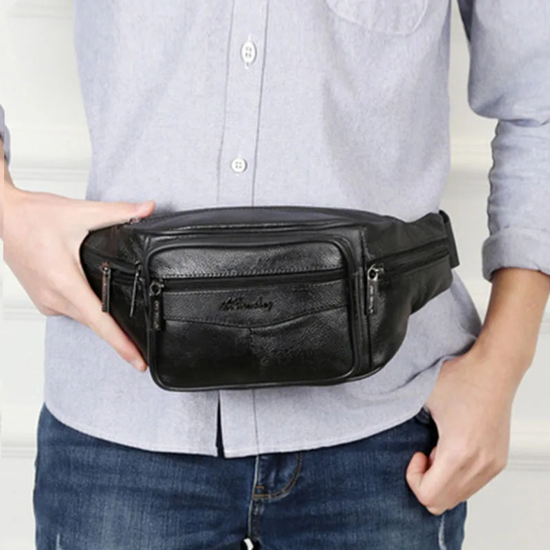 New Leather Waist Bag Men Fanny Pack Men Brand Leather Pouch Men High Capacity Waterproof Hip Bag Black Belt Bag Big Kidney Bags