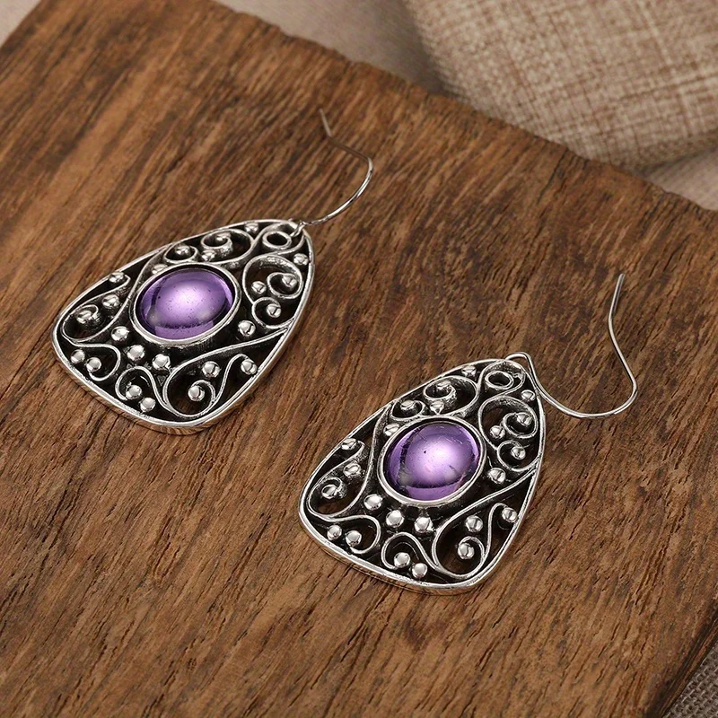 Silvery Vintage Metal Carved Hollow Pattern Pendant Earrings Set with Oval Purple Gemstone Women\'s Ethnic Style Accessories