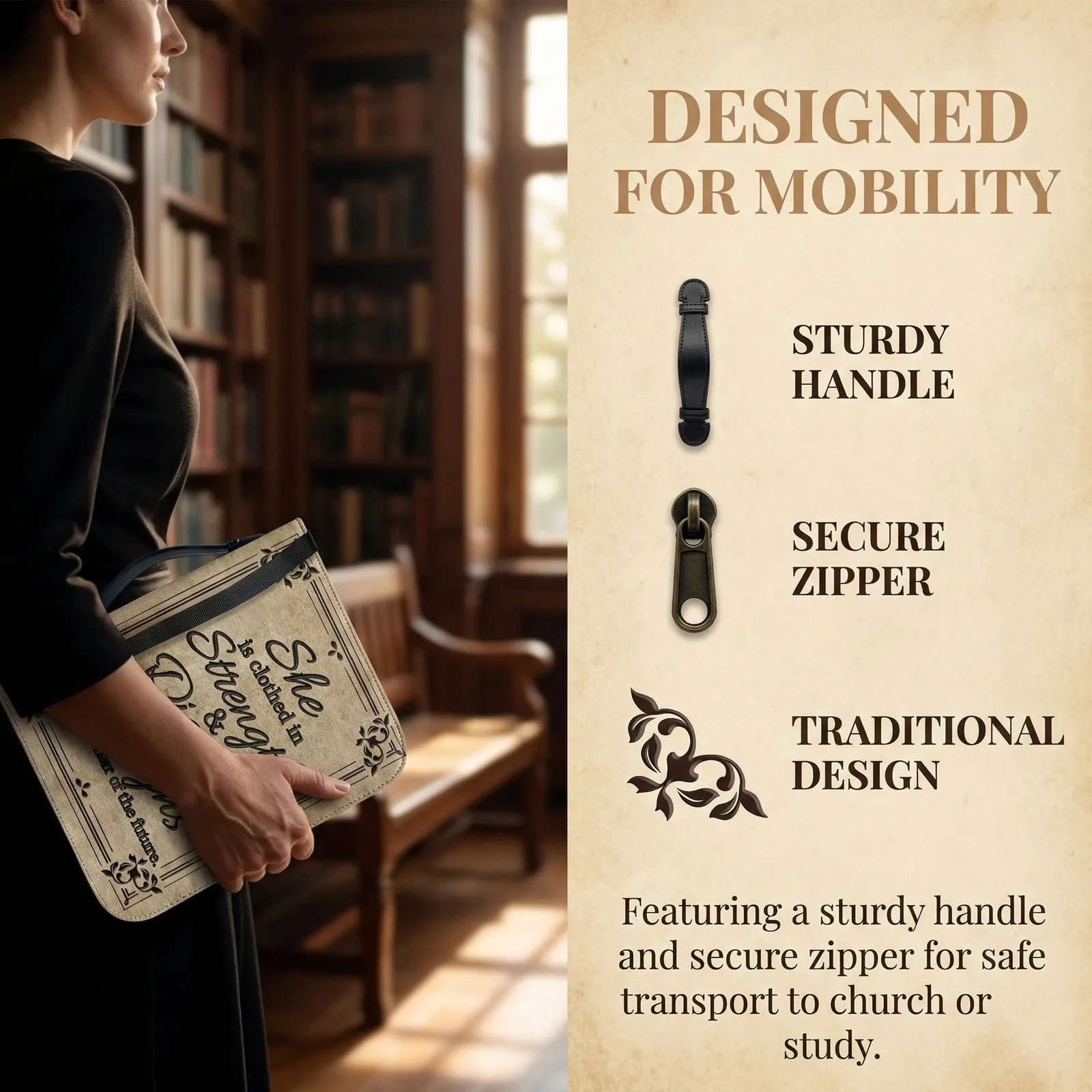 PU Cross Bible Case with Handle Vintage Protective Bag Organizer for Church Study Book Carrying Case for Men
