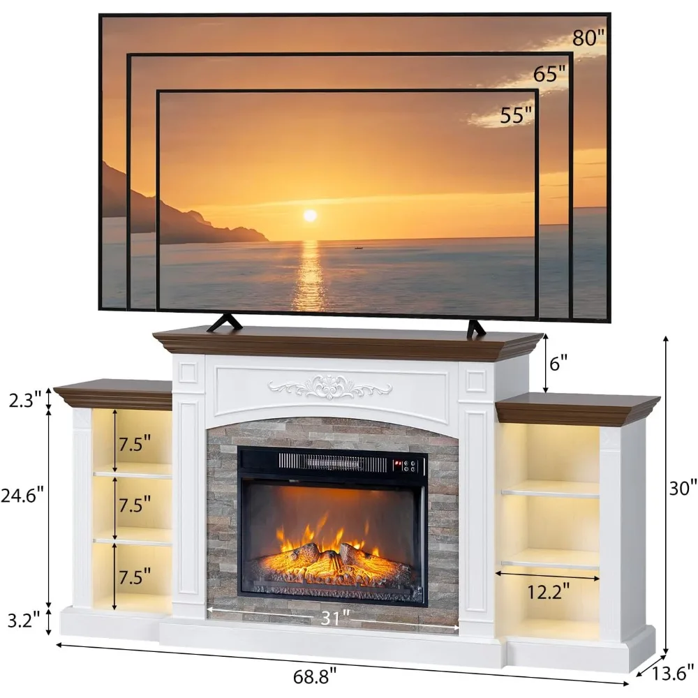 حامل تلفزيون حديث 70 مدفأة كهربائية لـ 80 تلفزيونًا، مركز ترفيه بإضاءة LED مع رف