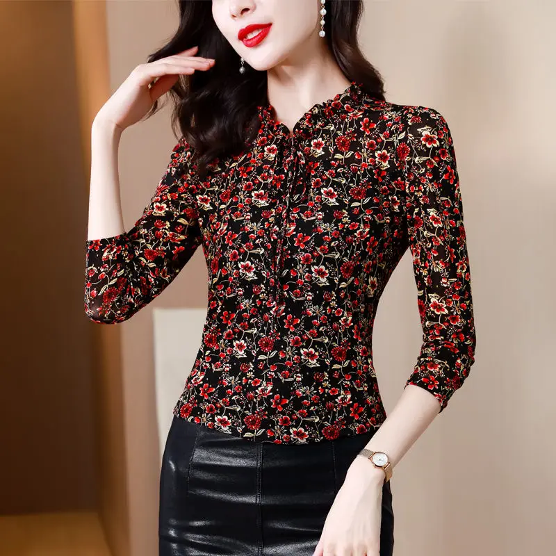 Women's Autumn and Winter New Fashion Elegant Standing Neck Pullover Print Lace Up Casual Versatile Long Sleeve Loose Shirt Tops