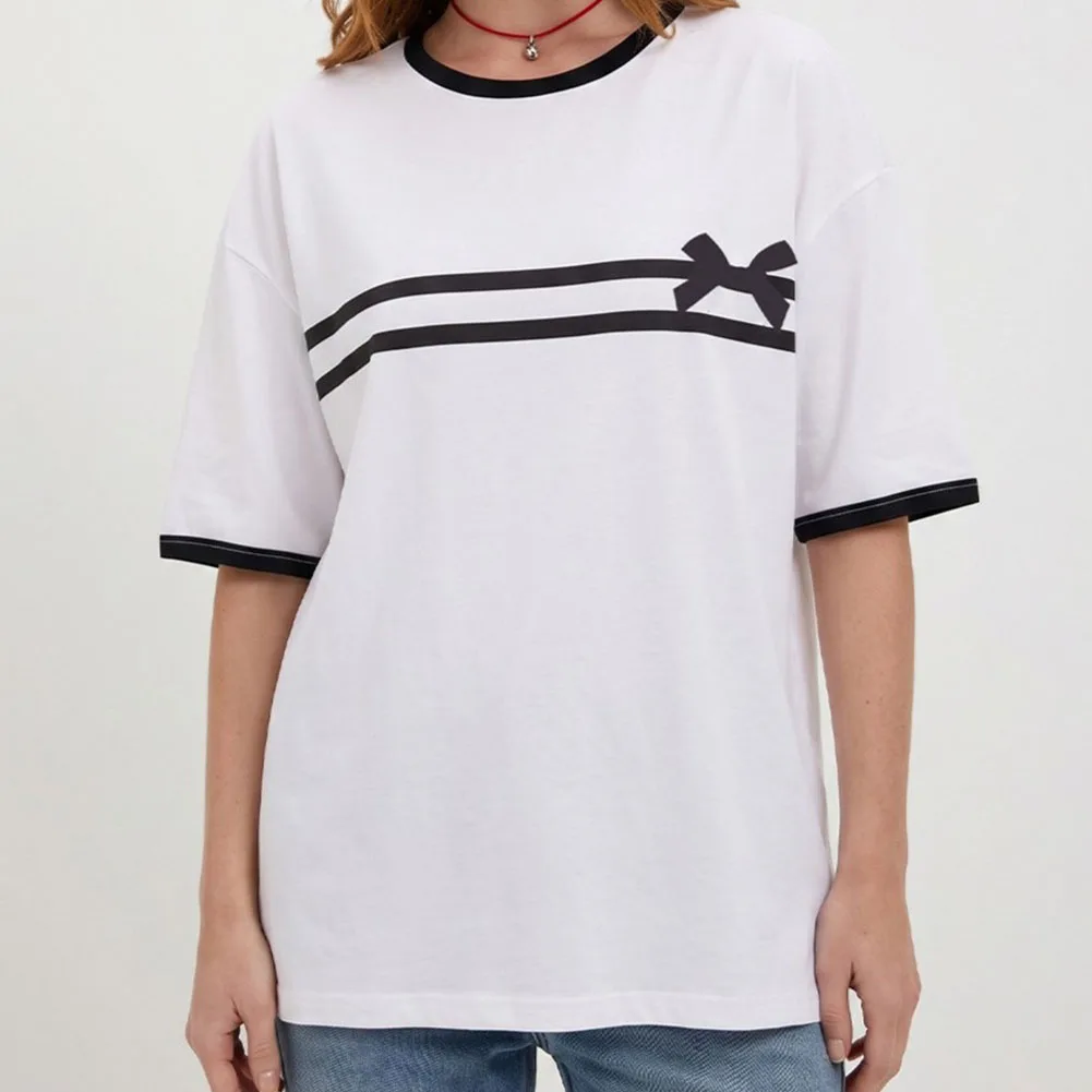Women's Loose Fit O Neck Short Sleeve Pullover Tee with Bow Detail and Contrast Color Trim for Casual Daily Wear