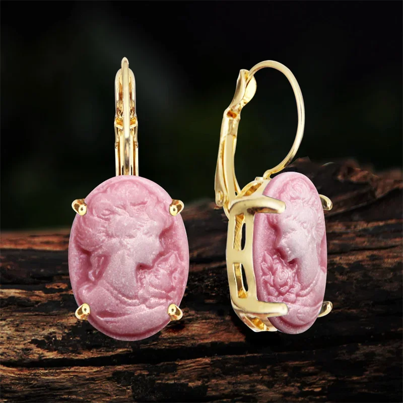 6 Colors Oval Lady Queen Cameo Earrings For Women Gold Color Pink Purple Blue Fashion Claw Pendant Cameo Earring