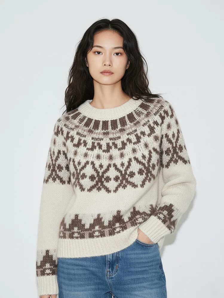 

Осенне-зимний женский вязаный свитер с вышивкой в стиле Fair Isle, мягкий, с круглым вырезом, винтажный, шерстяной