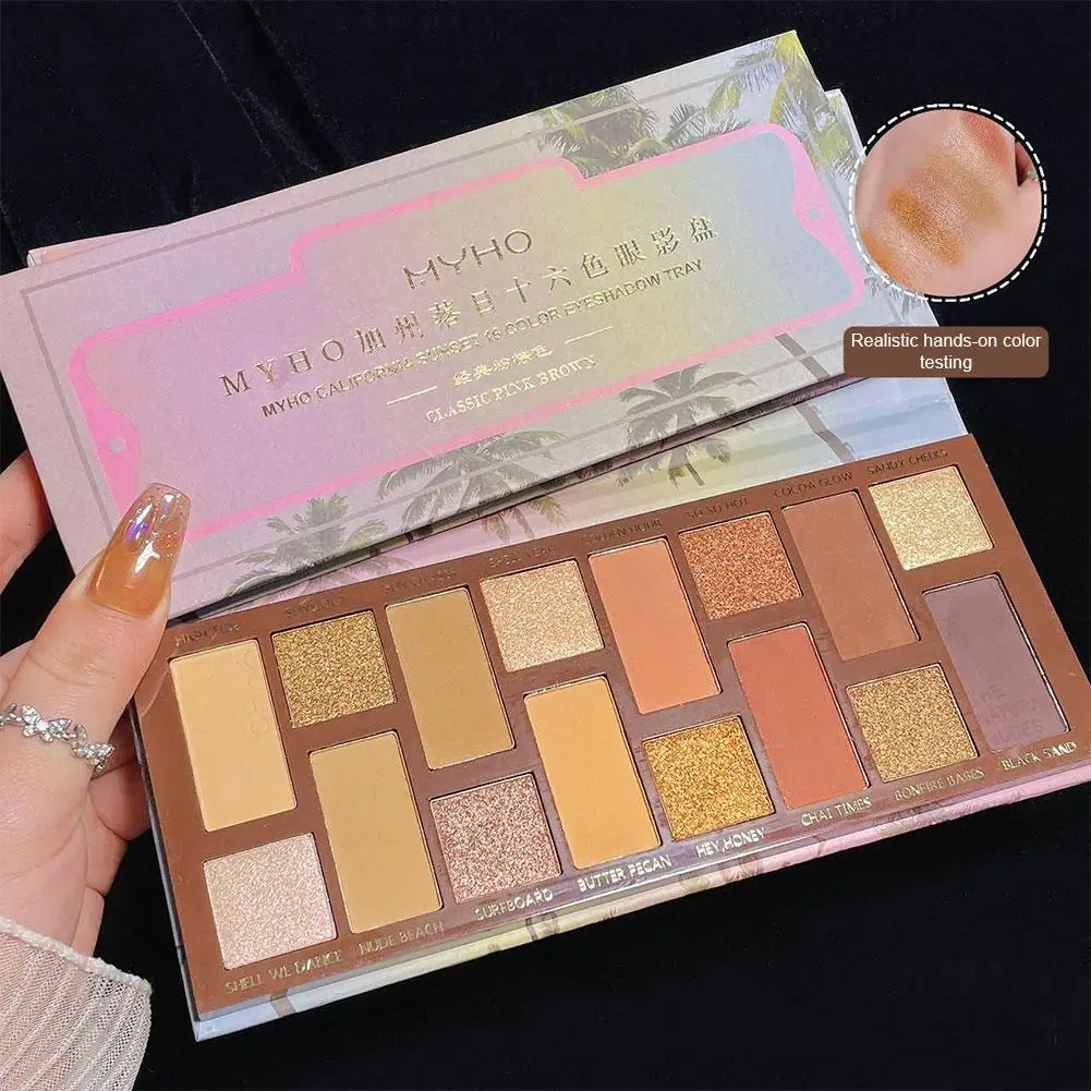 Placa de sombra de ojos de 16 colores, mate, naranja, marrón, tierra, sombra de ojos Flash, paleta de perlas, color I8v0