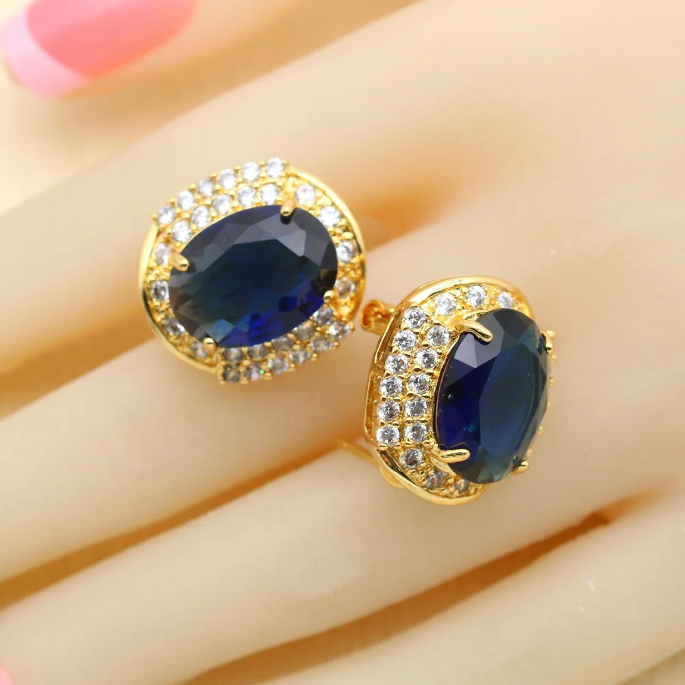 Dark Blue Stones Gold Color Bridal Jewelry Sets For Women Drop Earrings Necklace Pendant Bracelet Rings Free Gift Box WPAITKYS