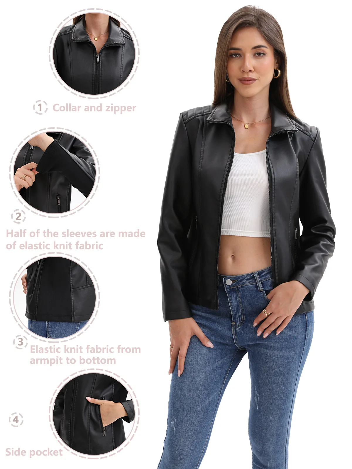 Fashion women's leather jacket, women's leather jacket, new short jacket, knitted splicing, elastic zipper motorcycle jacket