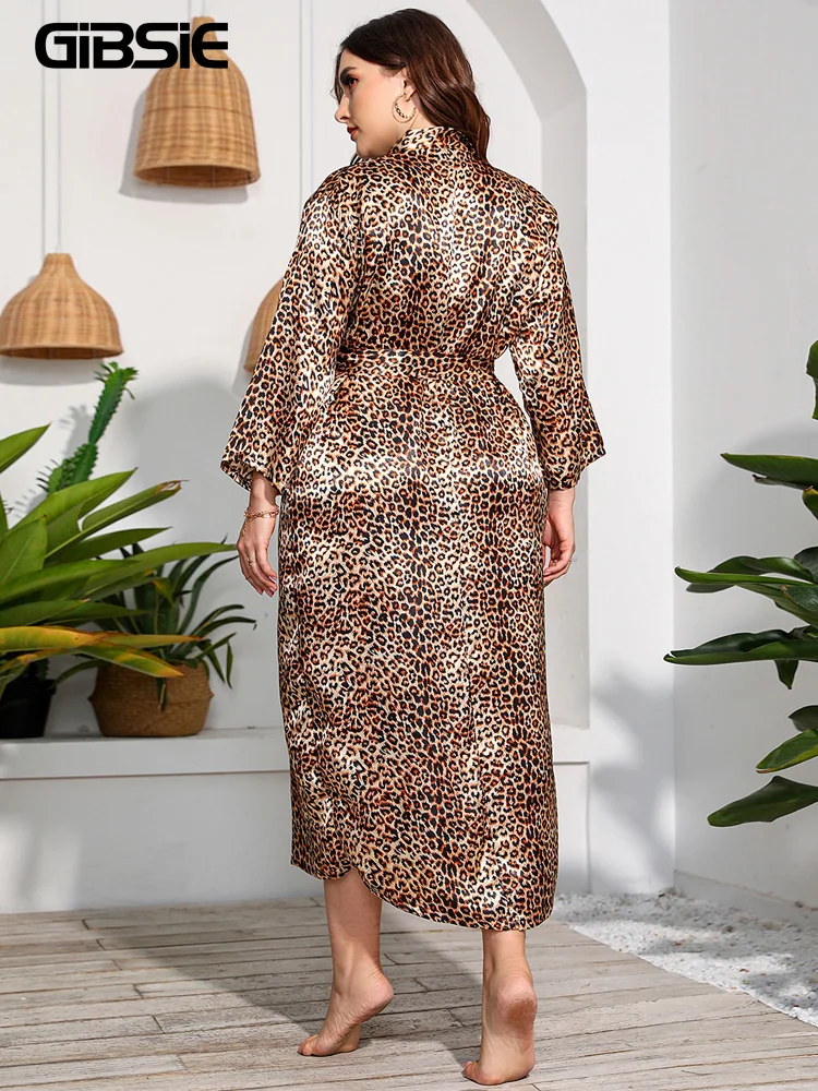 GIBSIE-Bata de satén con estampado de leopardo para mujer, Kimono de manga larga con cinturón, informal, Sexy, para novia y boda