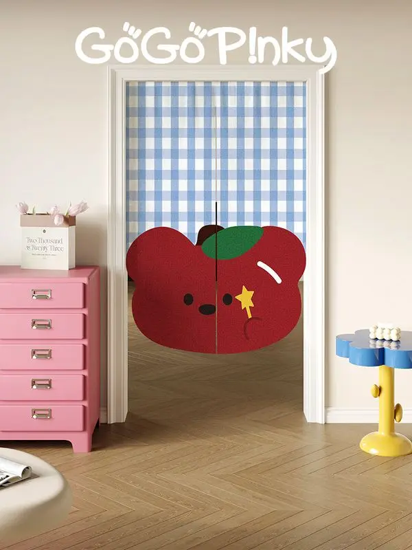 VIKAMA Cute Apple Cartoon Plaid Noren Split Door Curtain Room Divider Privacy Curtain for Bedroom Dorm Sweet Home Decor