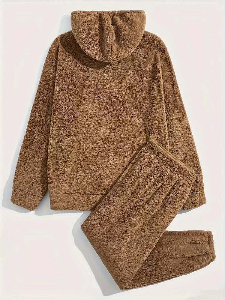 Fall Winter Warm Outdoor Fleece Two Piece Suits Men Spring Fashion Solid Color Fleece Furry Hoodie And Pants Outfits Mens Sets