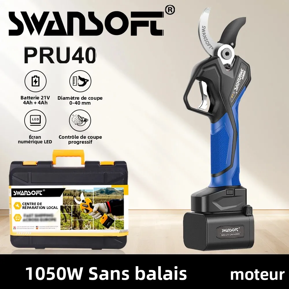 Sécateur électrique SWANSOFT PRU40, 40 mm, avec deux batteries 4 Ah, écran d'affichage, lames de rechange et câble de connexion, coupe progressive