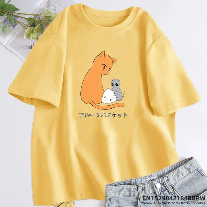 Fruit Basket Cat Mouse Tshirt Oversize Cotton Anime T-shirt Summer Cute Kawaii Clothes Unisex Short Sleeve Women\'s Clothing Tees