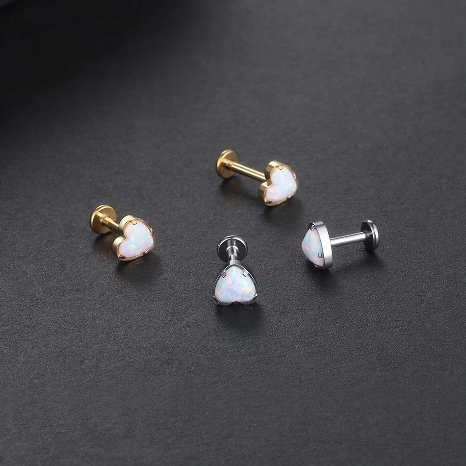 1pc 16g titanium coração opal labret piercing rosca interna orelha hélice língua tragus brinco parafuso prisioneiro piercing jóias do corpo