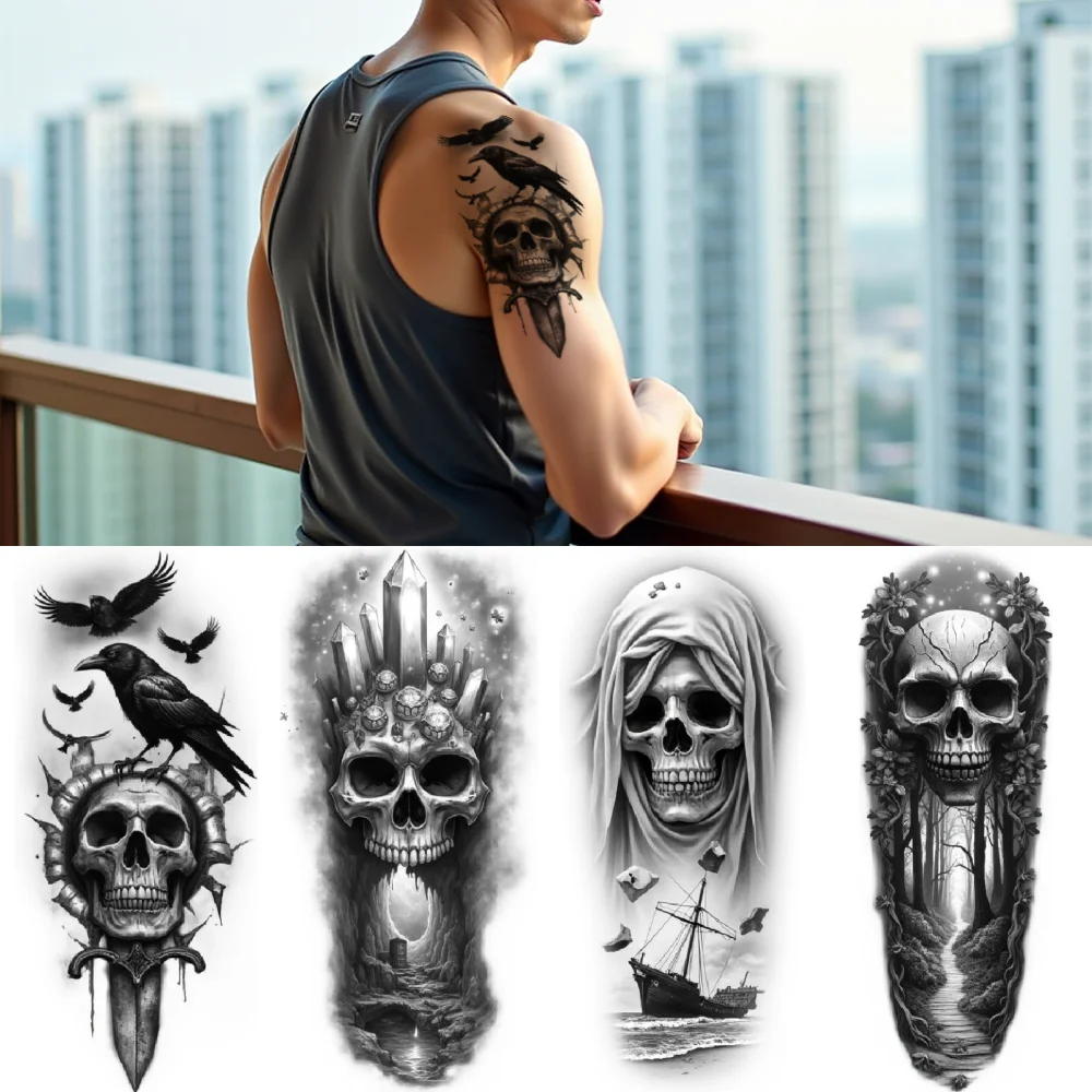 

3pcs Temporary Tattoo Skull With Clock Waterproof Long-lasting Body Stickers Skull With Ravens Skull With Ship For Arms Men