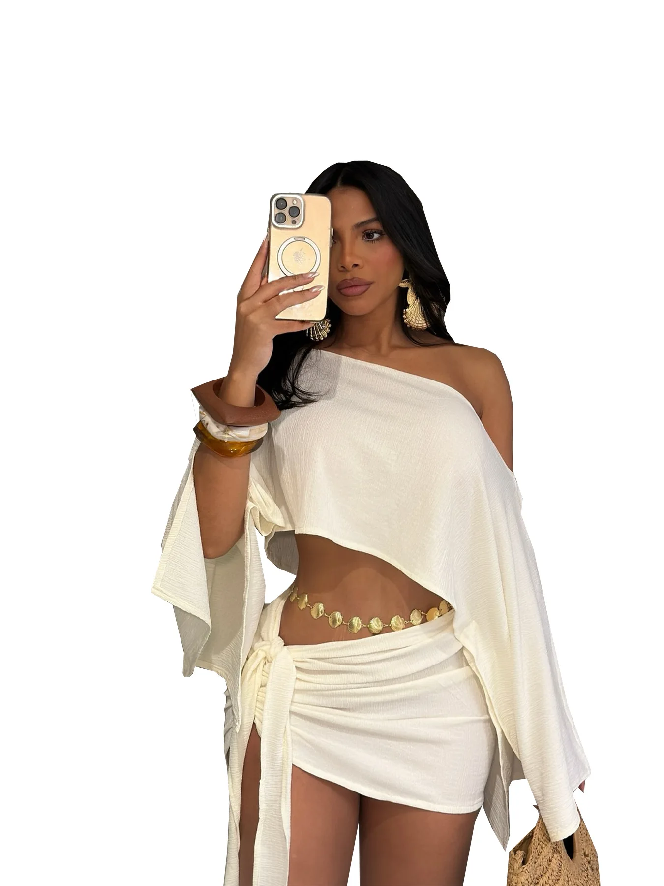 우아한 오프숄더 투피스 여성 여름 원숄더 플레어 슬리브 루즈 크롭탑과 스커트 세트 스트리트웨어 신상품