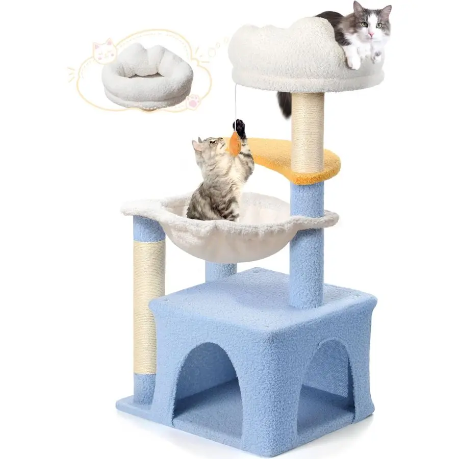 

Tree with Sisal Scratching Posts Cat Tower with Hammock Cute Cat Condo for Small Indoor Cats with Comfy Cat Bed and Perch