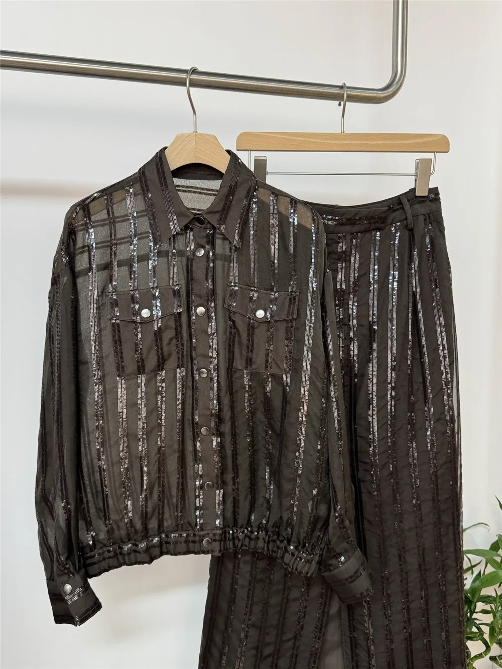 

2025 Spring/Summer New Women's Brown Striped Coat Top+Casual Versatile Half Skirt Two Piece Set