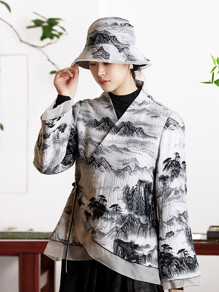 

Новая китайская женская верхняя одежда Hanfu свободного кроя с длинными рукавами, из черно-белой хлопково-шерстяной ткани, двухслойная, с воротником.