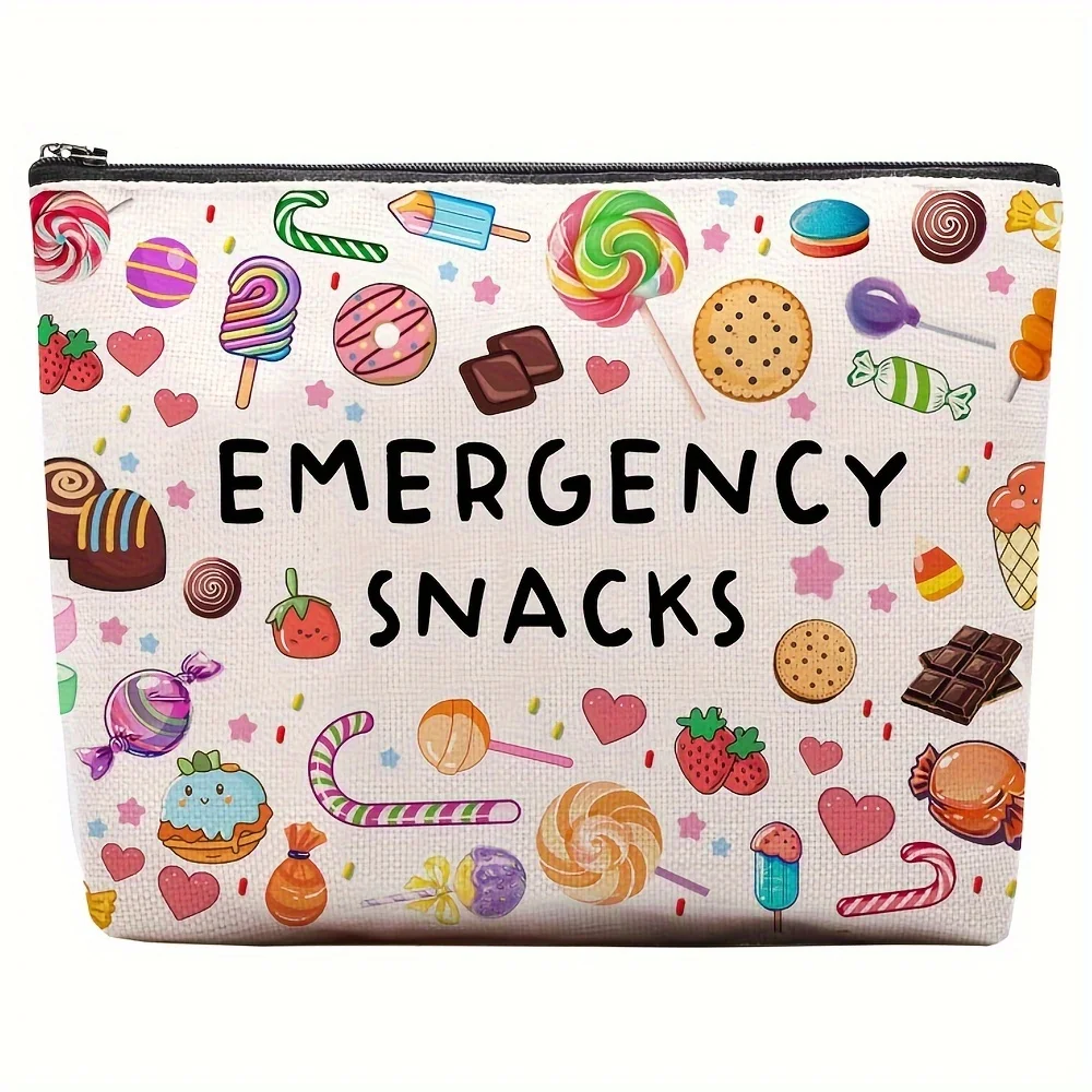 Bolsa de maquillaje para aperitivos de emergencia, bolsa de viaje ligera con diseño divertido de dulces para mujer, organizador de cosméticos compacto con cierre de cremallera