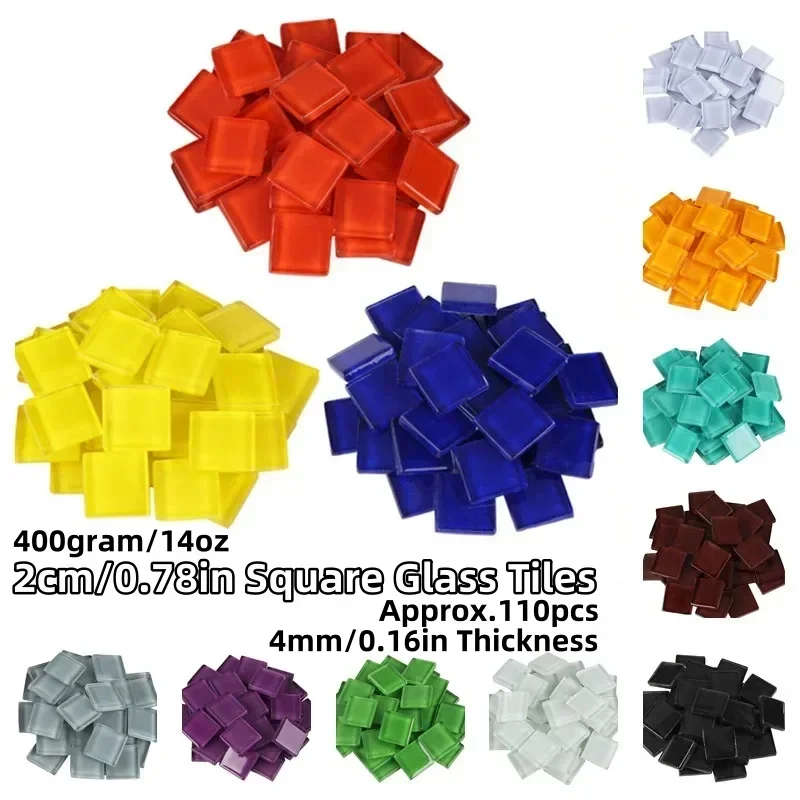 400g/14oz(Approx. 110pcs) 2cm/0.78in Square Glass Mosaic Tiles 4mm/0.16in Thickness DIY Mosaic Craft Making Tile