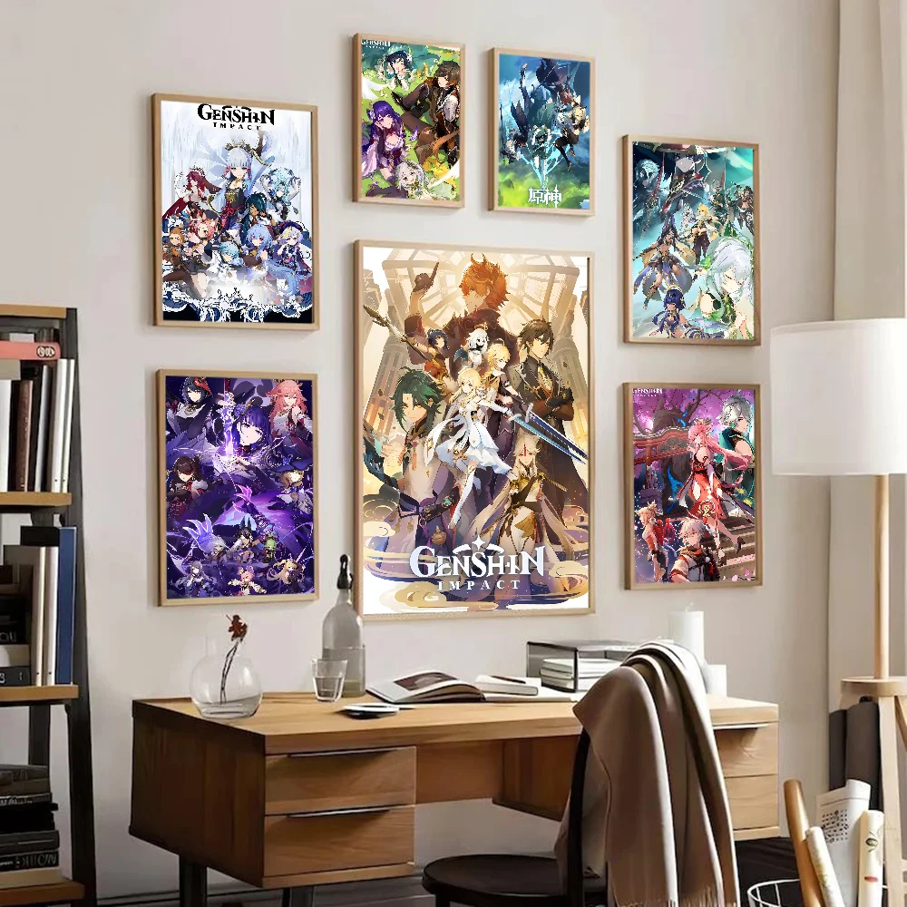 

Anime Genshin Impact Game Vintage Posters Sticky Whitepaper Sticker DIY Room Bar Cafe Room Wall Decor