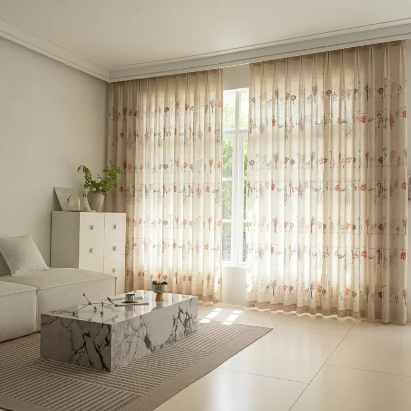 Floral Plant Patterned Curtains, Semi-shade Hanging Rod Curtains Without Holes, Semi-transparent Door Curtains