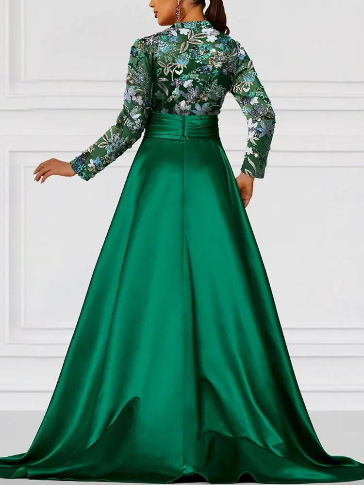 A-Line Evening Gown Elegant Dress Formal Wedding Floor Length Long Sleeve Jewel Neck Mother Of the Bride Dress With Appliques