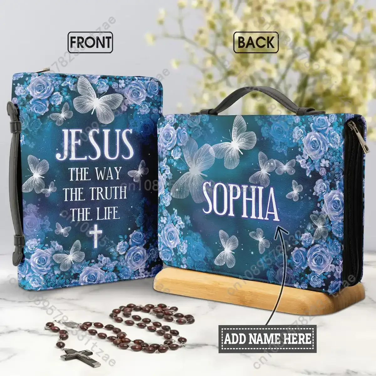 

PU Leather Bible Bag Carrying Case Personalized Holy Cover Case The Way The Truth The Life Butterflies Print Handle Book Protect
