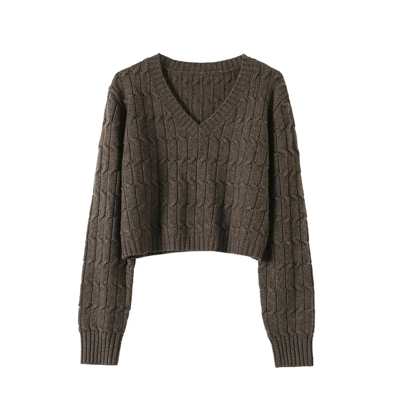 

Wool Cropped Cable Sweater Women Loose Fit V Neck Jumper