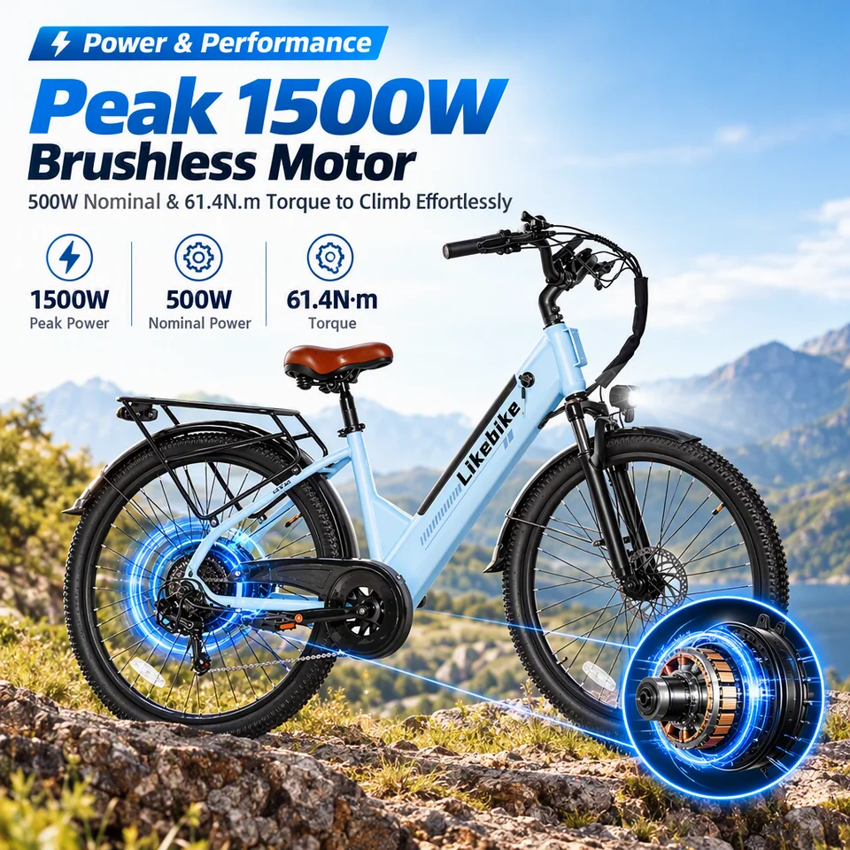 Electric Bike for Adults 500W Peak 1500W, 48V 13.5Ah Removable Battery, 26" Commuter E-bike 28MPH 85 Miles, Shimano 7-Speed, UL Certified image 10