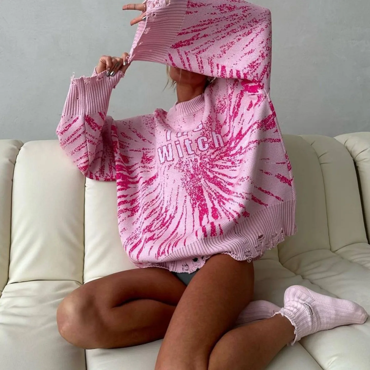 Oversized Women Letter Print O-neck Hollow Out Long Sleeve Knit Pullover Sweater Jumper Hip-hop Streetwear Casual Loose Pink Top