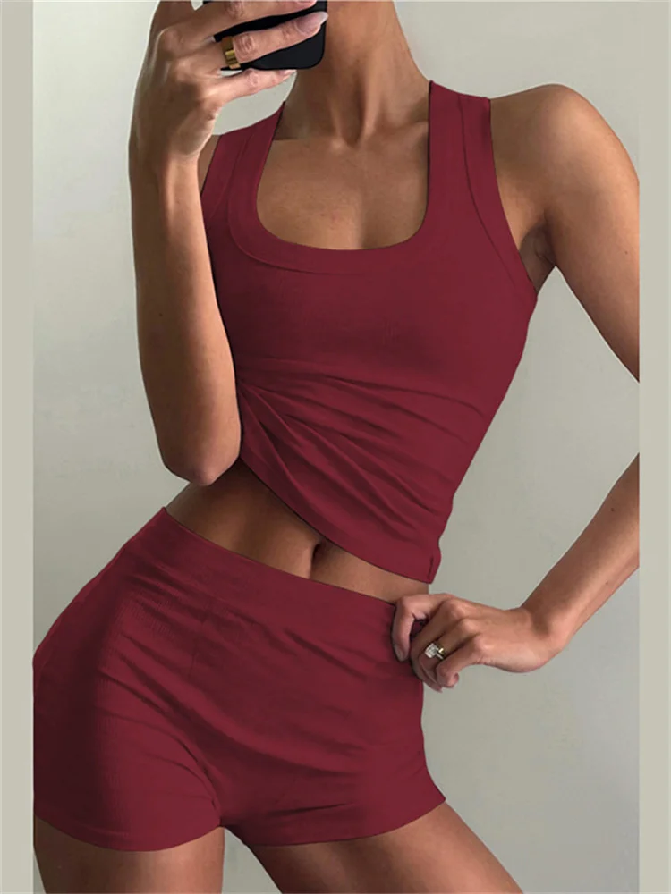 Nibber geripptes lässiges 2-teiliges Set Damen-Trainingsanzug, sportlich, quadratischer Kragen, Tank-Tops + Shorts, Anzug, Streetwear, einfache passende Outfits