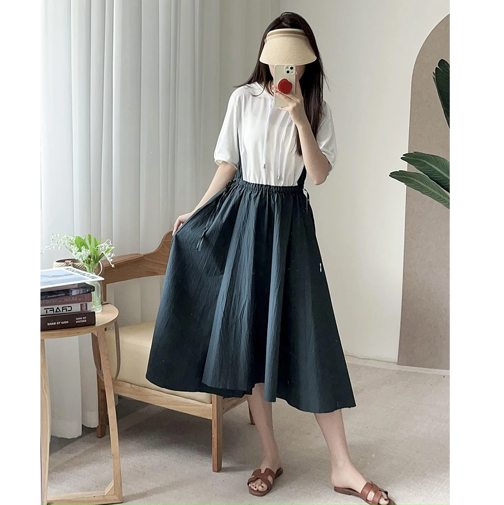 

Casual Anti-Aging Korean Sle Summer Faion Color Blo Hoodie Dstring Skirt Hem Pleated Dr High Waist A-Line Long Dr