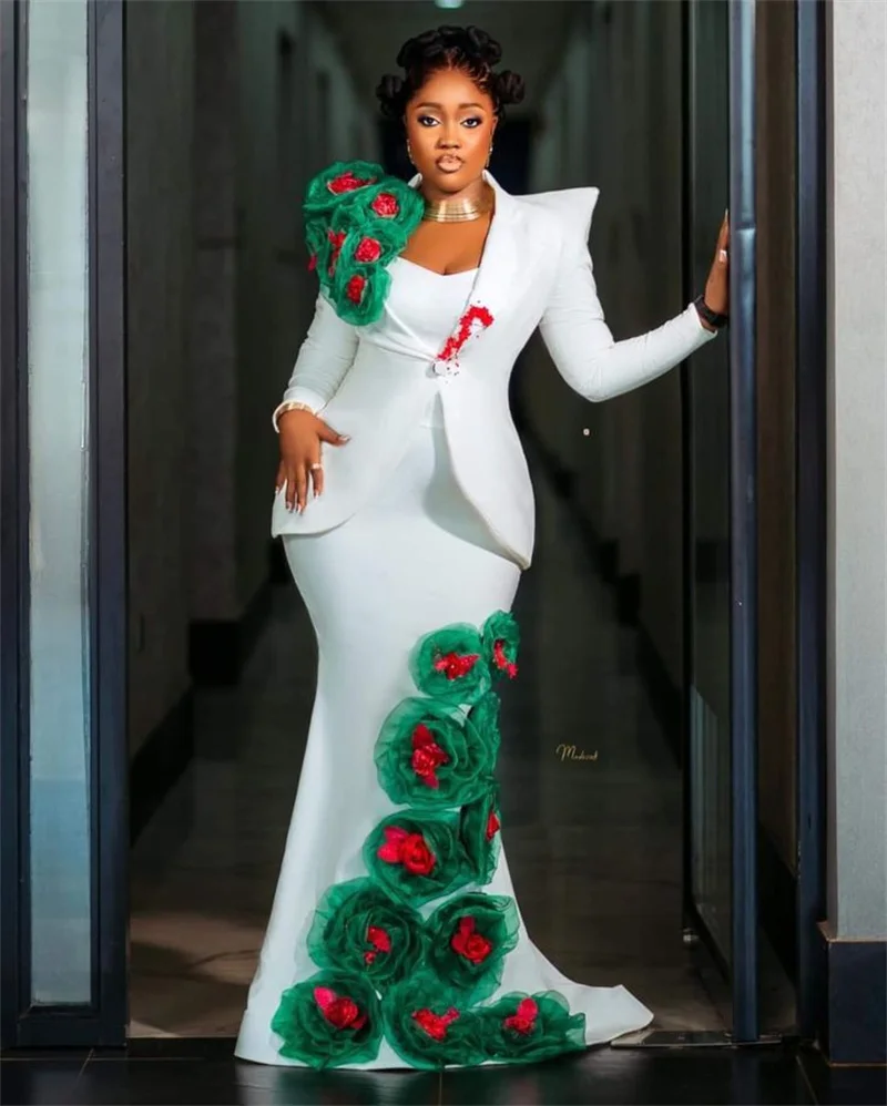 

White Women Suit Set 2 Pcs Blazer Long Prom Dress 3D Flower Cotton Formal Office Jacket Customized Wedding Tuxedo Guest Coat