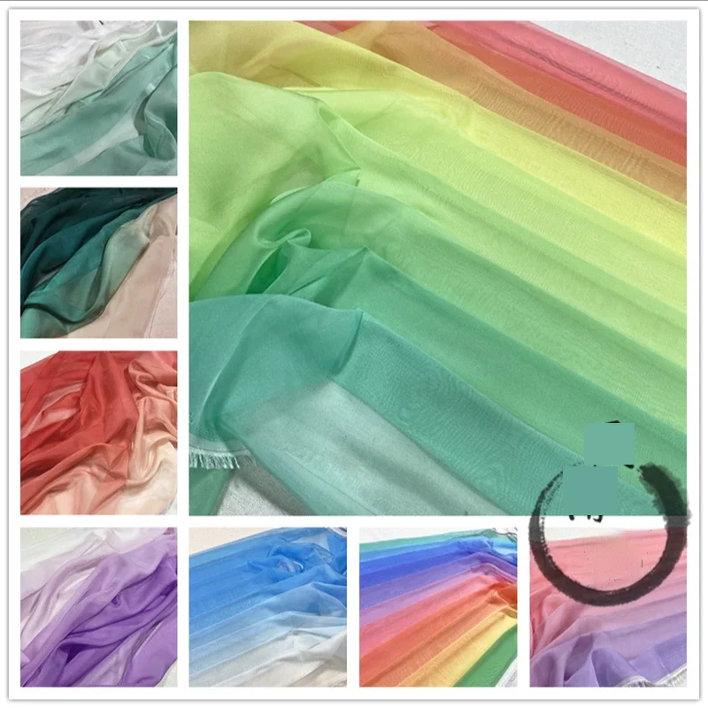 Rainbow Gradient Chiffon Fabric By The Meter for Sewing Clothing Skirts Dresses Sagging Thin Transparent Soft Cloth White Blue