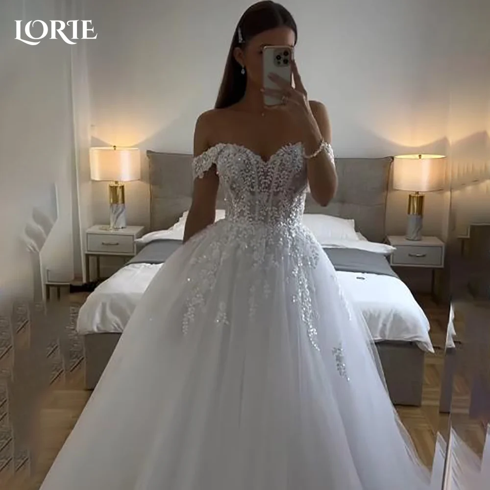 LORIE Vintage Glitter Lace Wedding Dress A-Line Shiny Off Shoulder Sweetheart Bridal Gown Princess Sparkly Bride Gown Customized