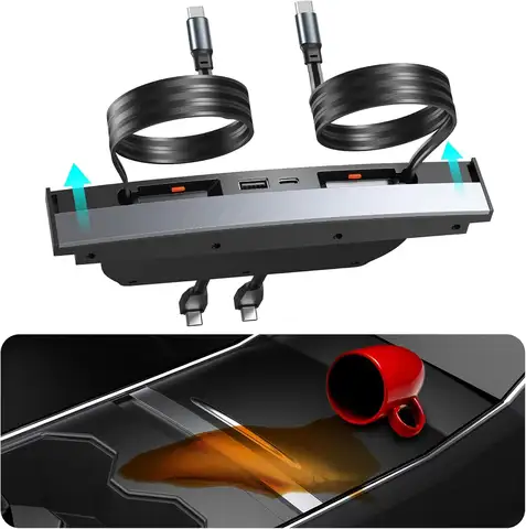 USB Hub Charger for Tesla Model Y 2020-2024 Model 3 2020-2023 Center Console with Fast Charging Retractable Cables Phone Charger
