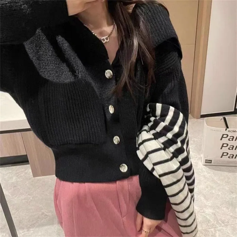 女性用ニットカーディガン,ボタンコート,フード付き襟,ランタンスリーブ,ポケットセーター,オフィスの女性,新しい春と秋,2023
