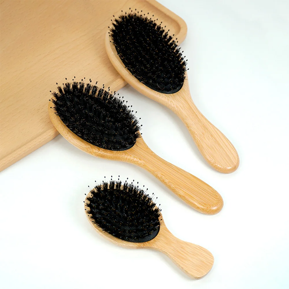 Natural Wooden Portable Detangler Haircomb Oval Air Cushion Bamboo Comb Mane & Nylon Bristle Brush Scalp Massage Combs Hair Tool