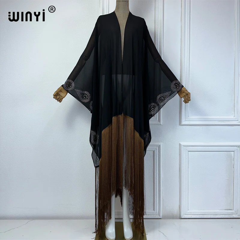 WINYI-Cardigan à manches longues avec pompons, kimono d'été, robe maxi, couverture de bikini, noir, sexy, perspective, perçage à chaud, vacances, plage